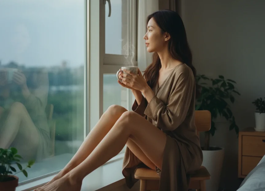 저녁에 차를 마시며 책을 읽는 한국 여성 저녁에 차를 마시며 책을 읽는 한국 여성