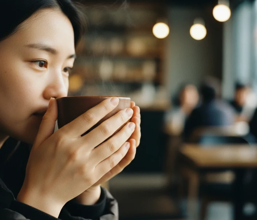 따뜻한 머그컵으로 눈가를 감싸는 손 따뜻한 머그컵으로 눈가를 감싸는 손