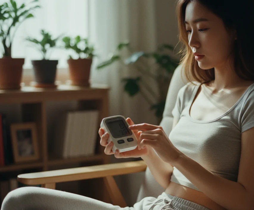 혈당 측정기를 확인하는 한국 여성