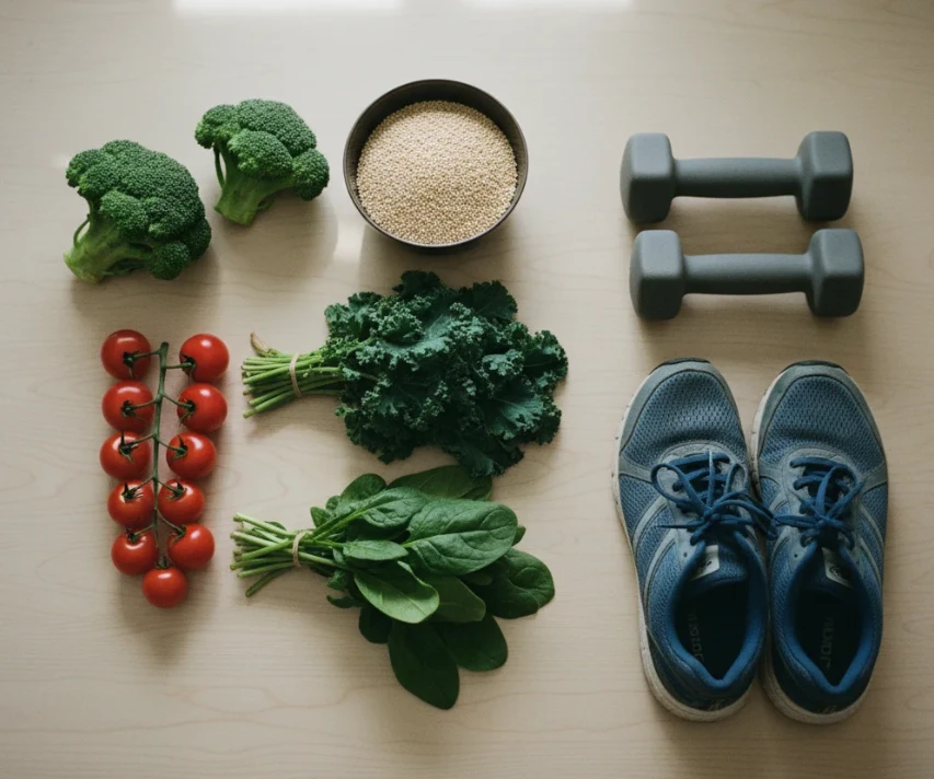 건강한 식단과 운동 용품이 함께 놓여있는 모습