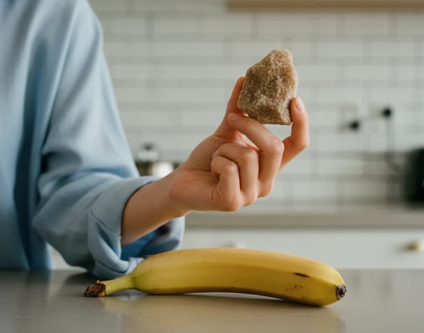 설탕 덩어리와 바나나를 들고 있는 손