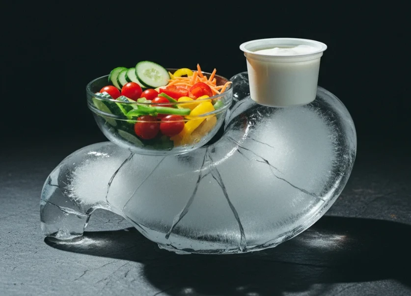 불안정한 얼음 위에 놓인 생채소와 요구르트