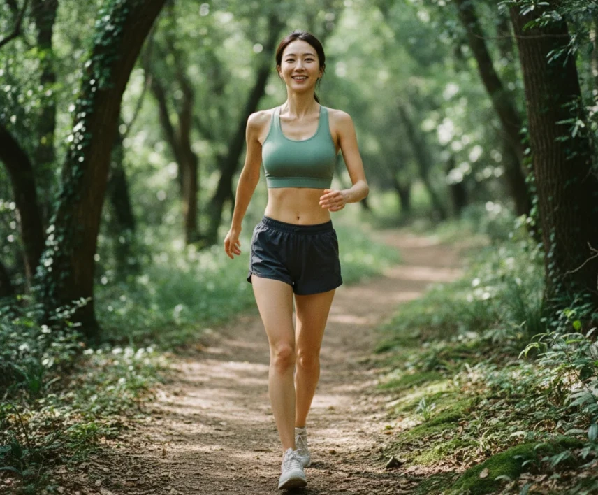 푸른 숲길에서 활기차게 걷는 한국 여성