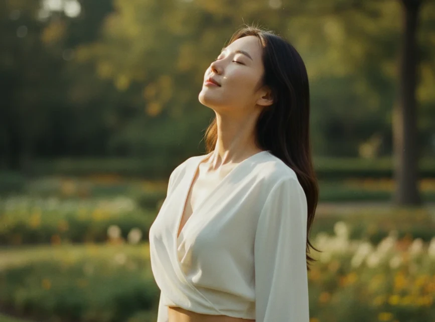 공원에서 눈을 감고 편안하게 서 있는 한국 여성