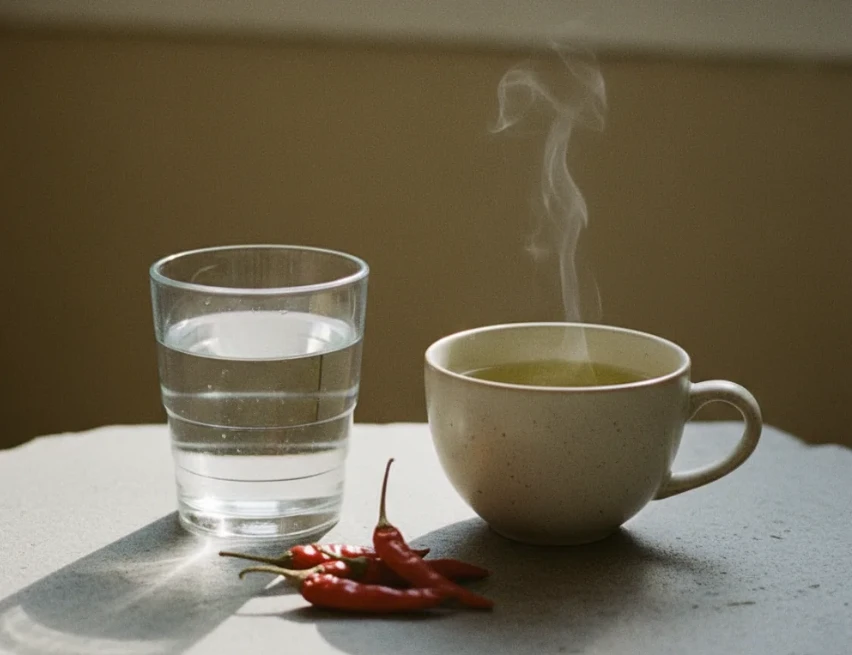 따뜻한 물, 녹차, 그리고 고추가 놓인 테이블