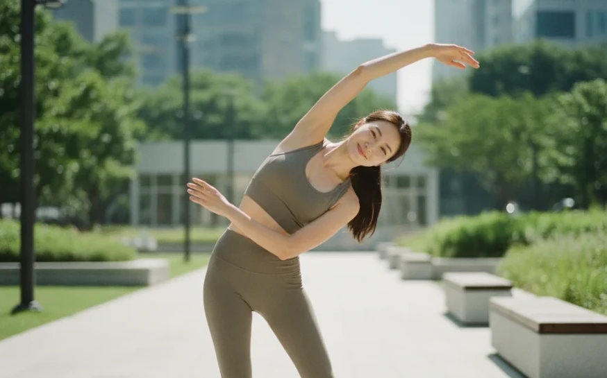 공원에서 조깅하며 복부 스트레칭하는 한국 여성