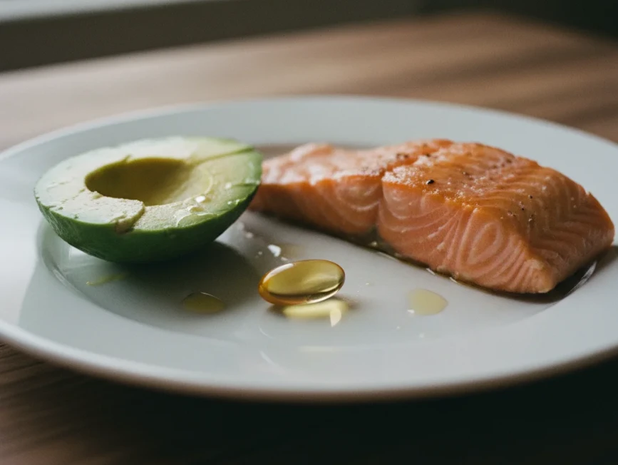 오메가3 캡슐과 함께 접시에 담긴 연어, 아보카도 등 지방이 많은 음식