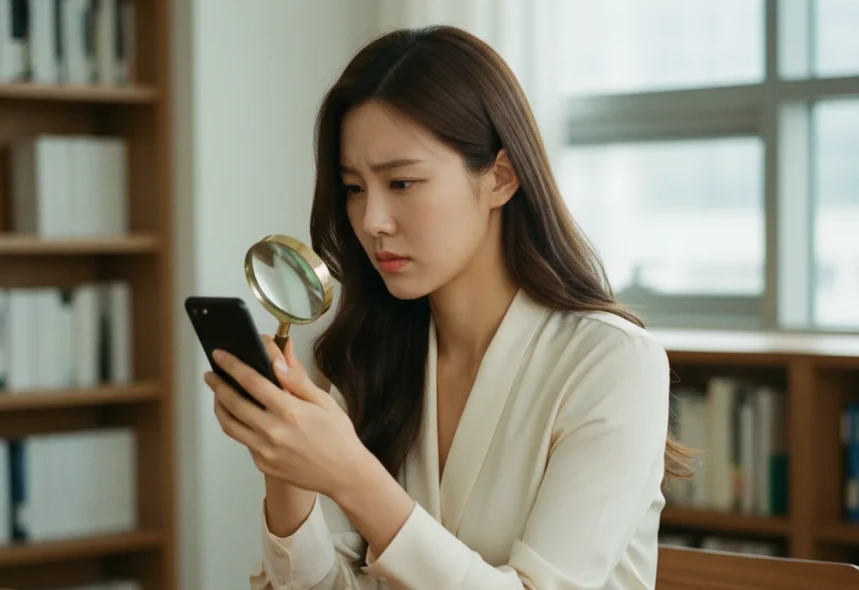 스마트폰으로 쇼핑몰 약관의 작은 글씨를 돋보기로 확대해 보는 한국 여성
