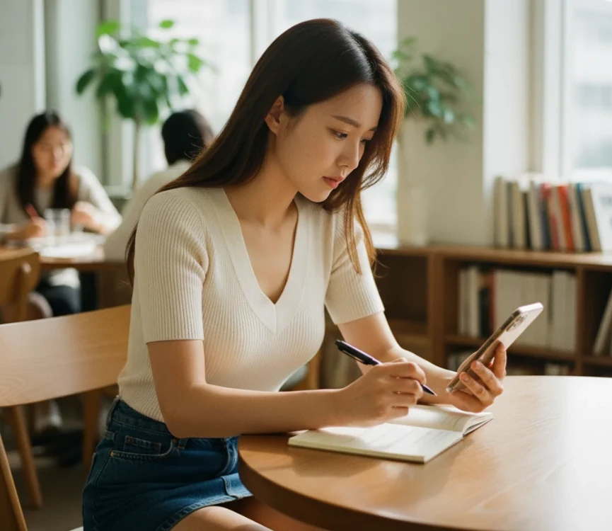 사업자 정보, 환불 규정 등 체크리스트를 확인하며 온라인 쇼핑을 하는 한국 여성