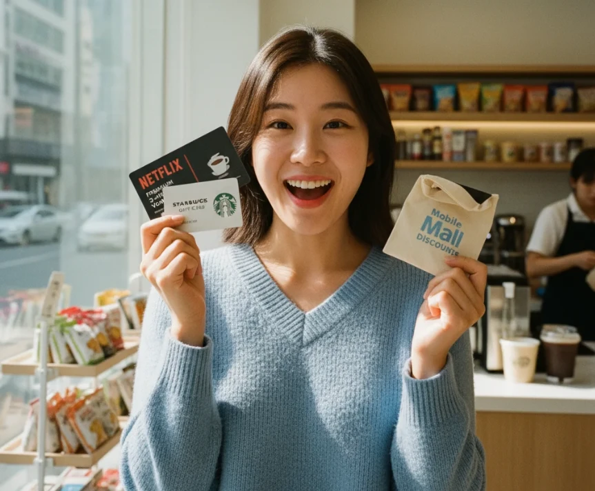 다양한 혜택을 손에 들고 미소 짓는 한국 여성의 모습