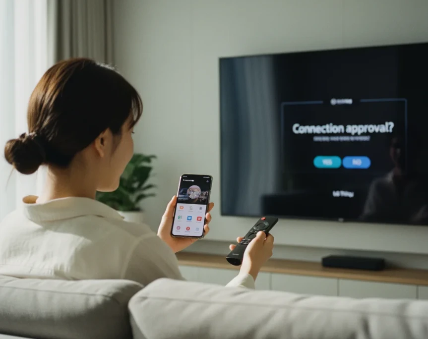 스마트폰과 TV 리모컨을 함께 사용하는 모습