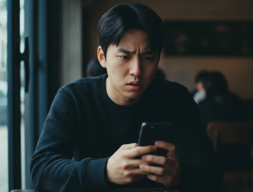 공동구매 시 사기 등 위험 요소를 경계하며 스마트폰을 확인하는 모습