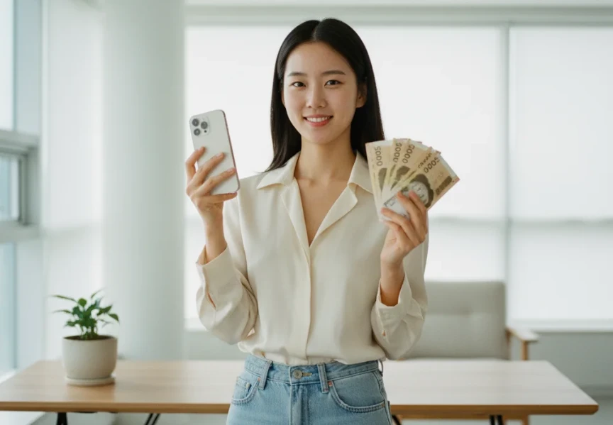 리퍼 제품을 구매하며 비용을 절약하는 동시에 새것 같은 품질을 얻는 만족감을 표현한 이미지
