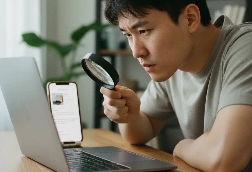 리퍼 제품 구매 전 미세한 흠집, 판매자 후기 등 주의사항을 꼼꼼하게 확인하는 모습