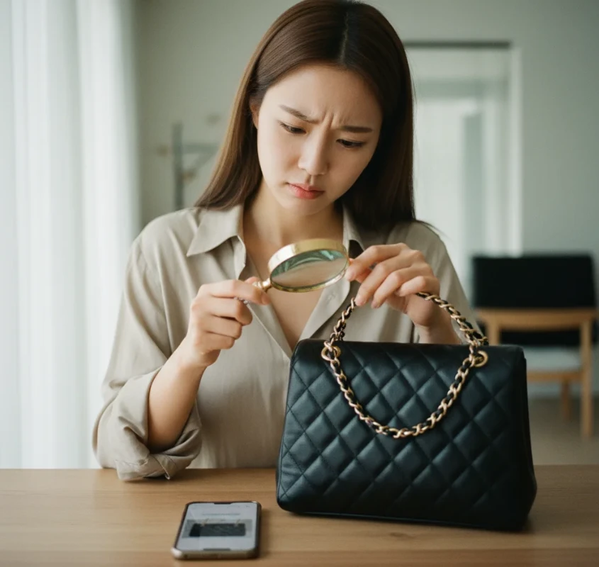 명품 중고거래 시 가품 여부와 사기 위험을 확인하는 신중한 모습