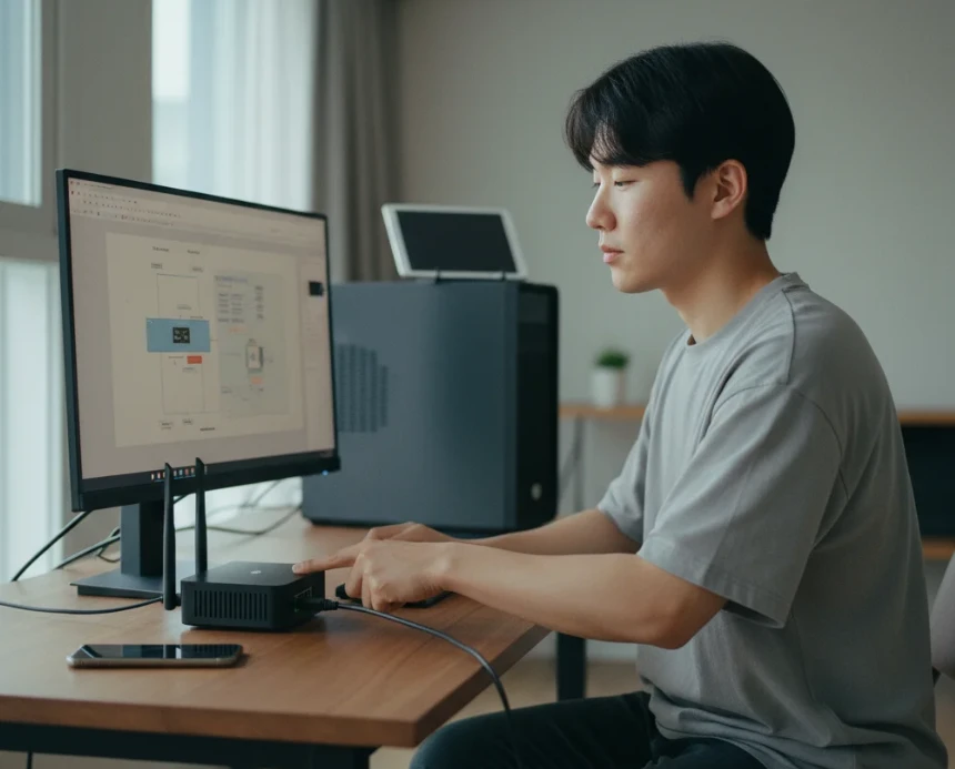인터넷 속도 측정을 위해 PC를 랜선으로 연결하고 다른 기기의 인터넷 사용을 중지하는 모습