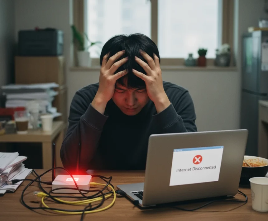 불안정한 인터넷 연결의 다양한 원인을 보여주는 이미지, 모뎀, 랜선, 노트북 바이러스 등이 함께 나타나있다.