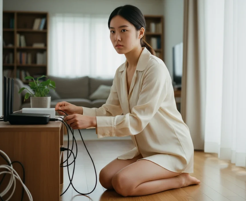모뎀과 공유기의 전원 코드를 뽑아 인터넷 연결을 재시작하는 모습