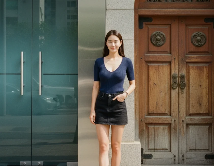 두 개의 다른 문이 있는 건물 앞에서 웃고 있는 한국 여성. 두 개의 다른 문이 있는 건물 앞에서 웃고 있는 한국 여성.