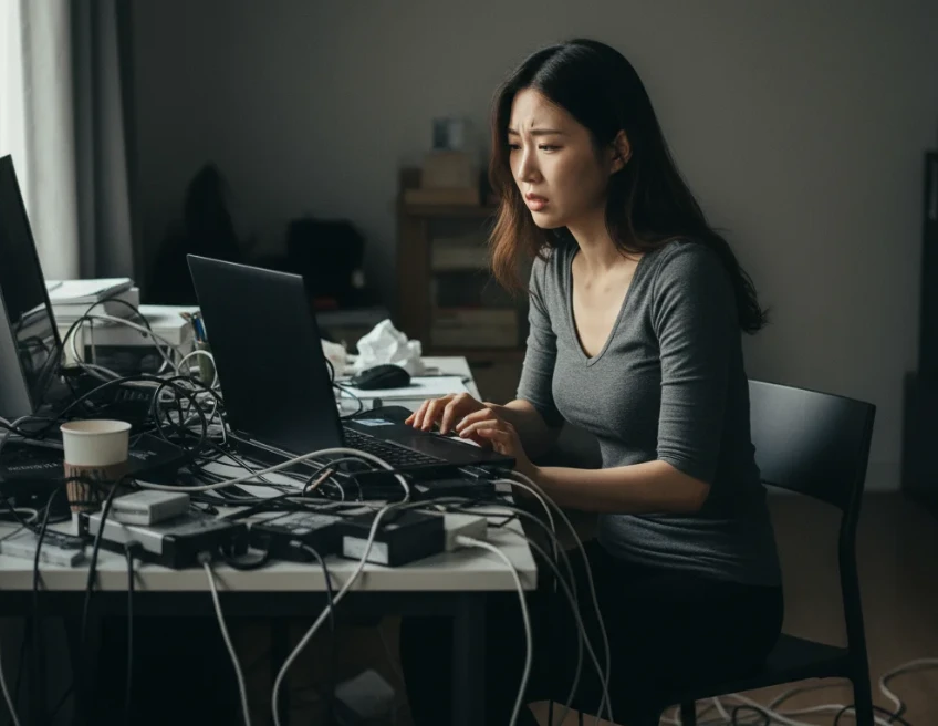 노트북 화면 앞에서 불안해하는 한국 여성.