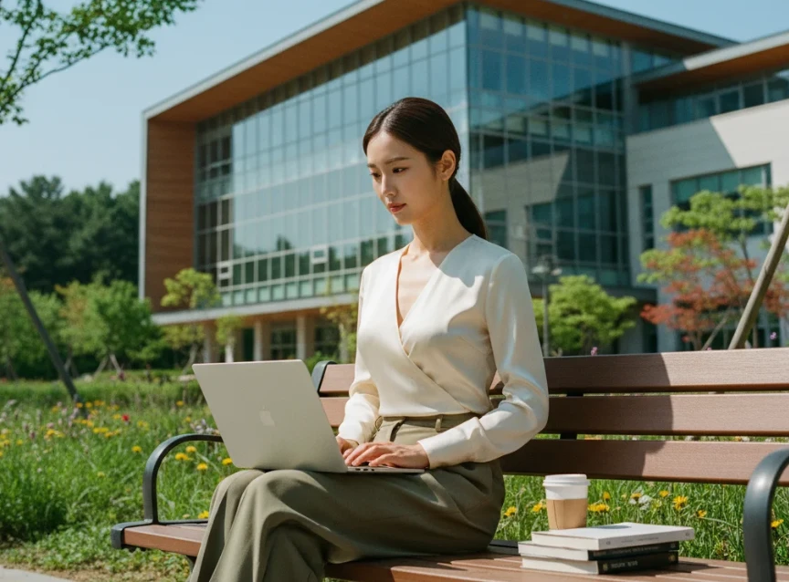 맑은 하늘 아래서 노트북으로 미래를 설계하는 한국 여성