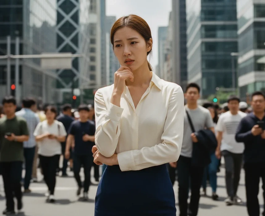 복잡한 도시 거리에서 잠시 멈춰 서서 생각하는 한국 여성