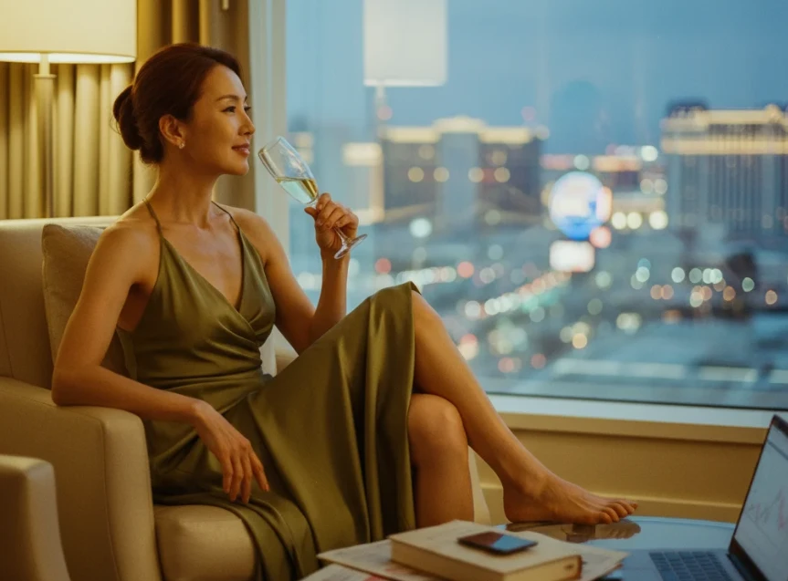 라스베이거스 호텔에서 편안하게 앉아 있는 한국 여성