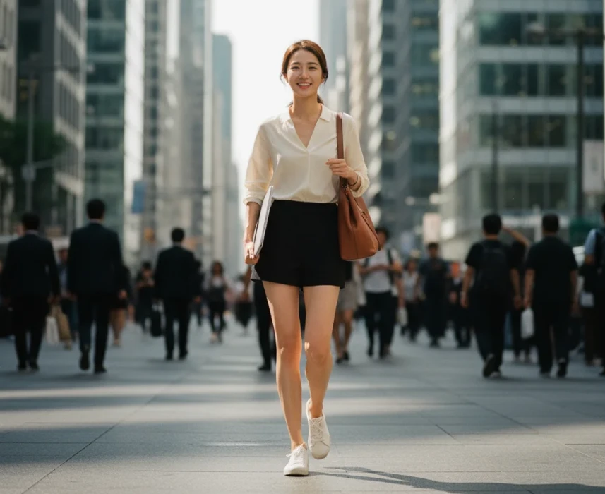 도시에서 노트북을 들고 걸어가는 한국 여성 도시에서 노트북을 들고 걸어가는 한국 여성