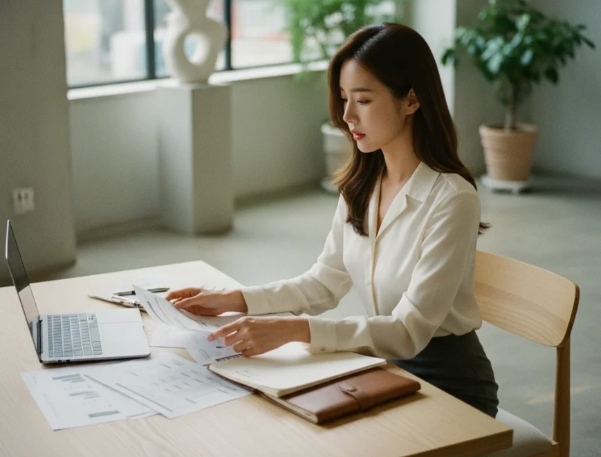 카페에서 재무 계획을 세우는 한국 여성 카페에서 재무 계획을 세우는 한국 여성