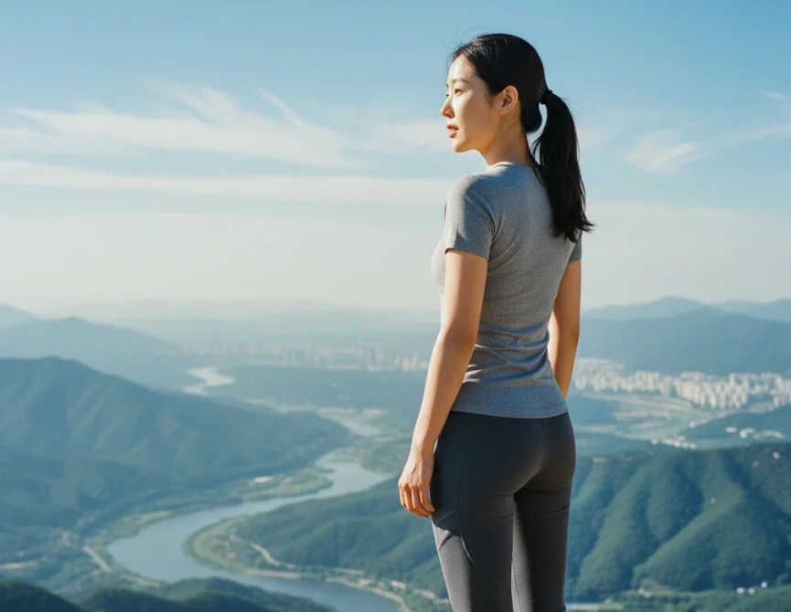 산 전망대에서 아래를 내려다보는 한국 여성