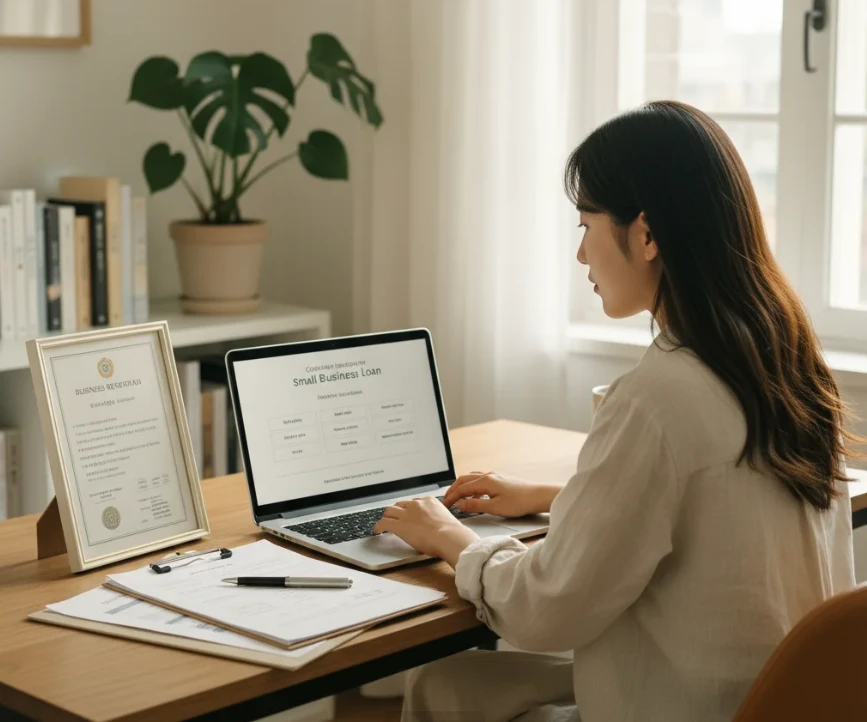 노트북으로 소상공인 정책자금 지원 기준을 확인하는 여성