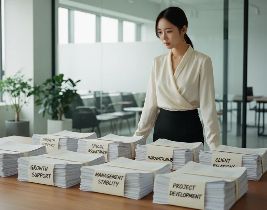 정책자금의 종류별로 분류된 서류 묶음