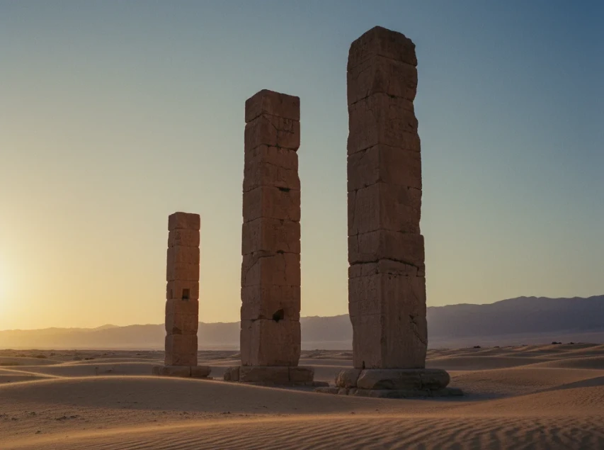 크기가 다른 기념비적인 기둥들이 서 있는 풍경