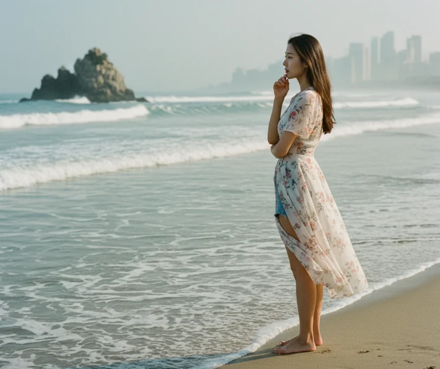 바닷가에서 세 가지 다른 방향을 바라보는 한국 여성