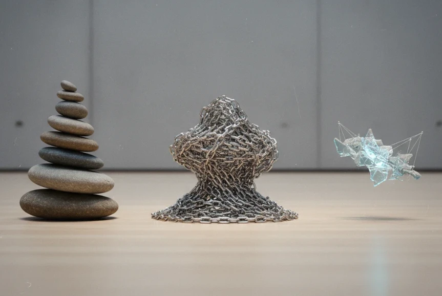 견고한 돌탑, 연결된 쇠사슬, 불안정한 부유체 세 가지 조형물