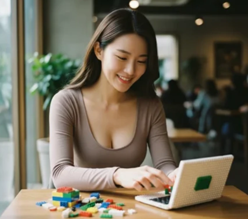 카페에서 레고로 노트북 모형을 조립하는 한국 여성