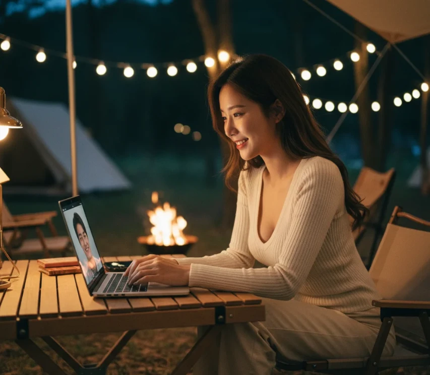 캠핑장에서 노트북을 보며 미소 짓는 한국 여성