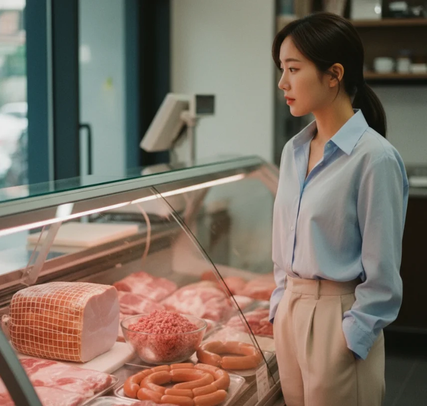 정육점 진열대에서 통고기 햄과 다진 고기 소시지를 보고 있는 한국 여성