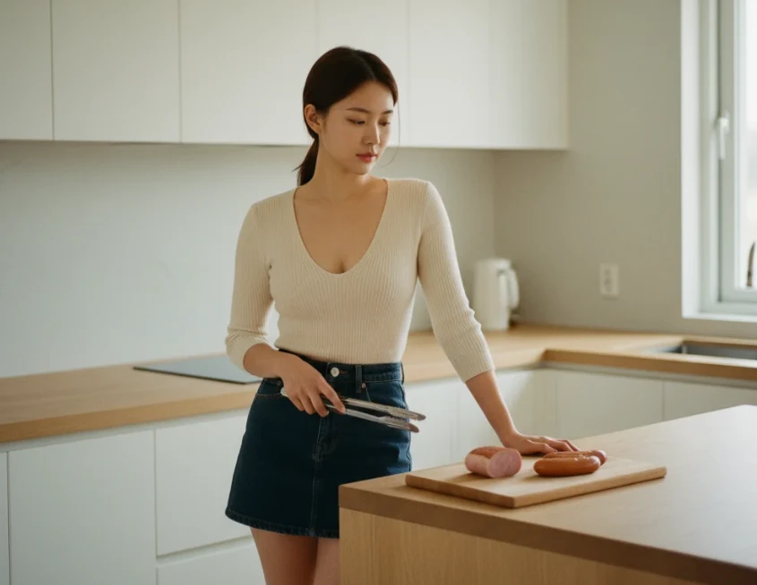 부엌 조리대에서 햄과 소시지를 비교하며 요리하는 한국 여성