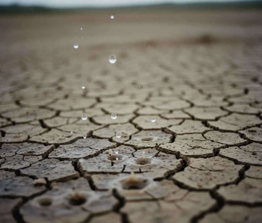 건조하고 갈라진 흙 위에 떨어지는 빗방울
