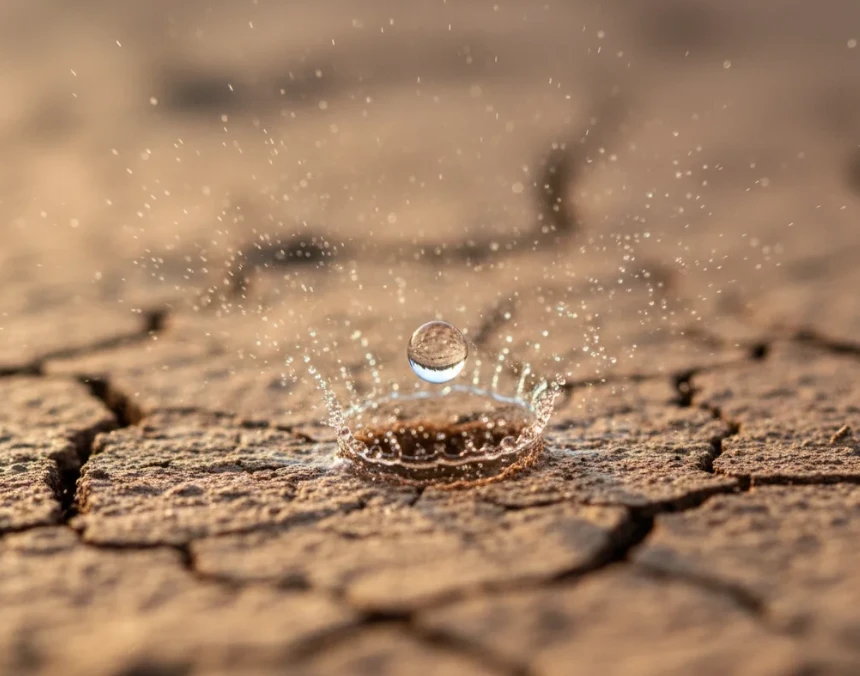 빗방울이 땅에 부딪히며 공기 중으로 피어오르는 모습