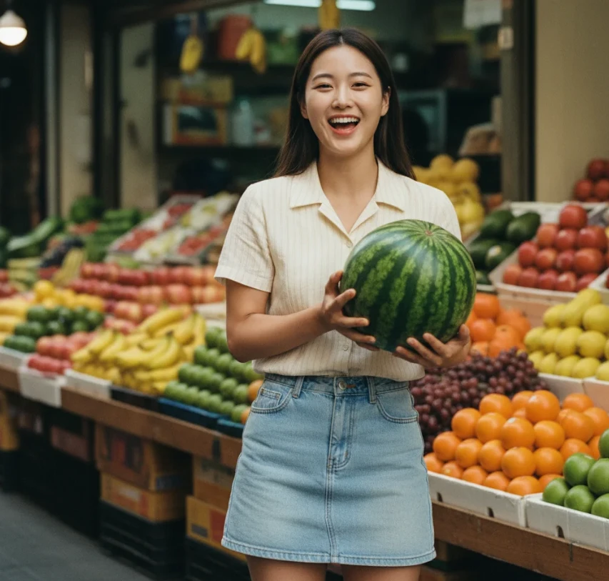 과일 가게에서 둥근 수박을 들고 웃는 한국 여성 과일 가게에서 둥근 수박을 들고 웃는 한국 여성