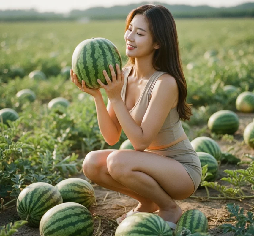 밭에서 완벽하게 둥근 수박을 들고 있는 한국 여성 밭에서 완벽하게 둥근 수박을 들고 있는 한국 여성