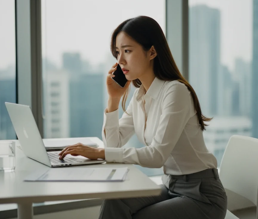 긴장한 표정으로 노트북과 스마트폰을 동시에 보는 한국 여성