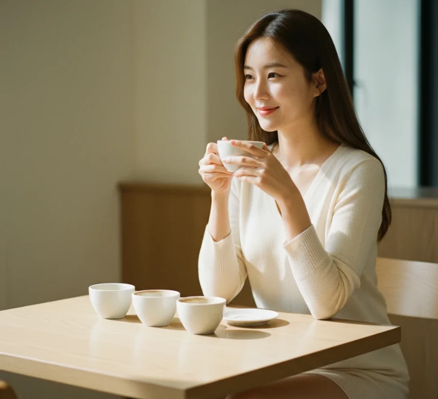 책상에 앉아 커피 3잔과 함께 행복하게 웃는 한국 여성 책상에 앉아 커피 3잔과 함께 행복하게 웃는 한국 여성