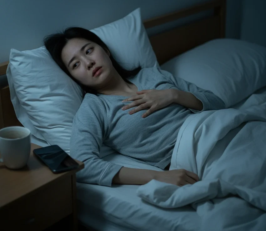침대에 누워 잠 못 이루고 괴로워하는 한국 여성 침대에 누워 잠 못 이루고 괴로워하는 한국 여성