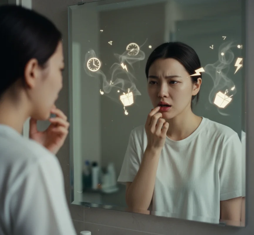 거울로 입안을 들여다보며 괴로워하는 한국 여성 거울로 입안을 들여다보며 괴로워하는 한국 여성