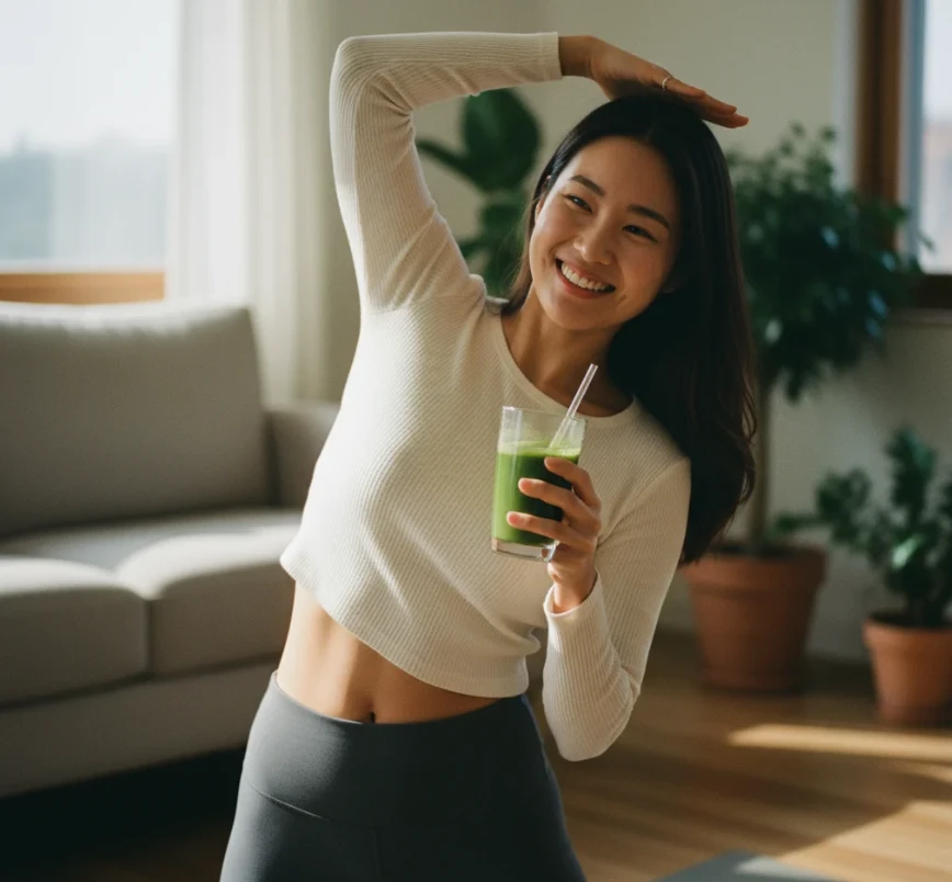 거실에서 스트레칭을 하며 채소 주스를 마시는 건강한 한국 여성 거실에서 스트레칭을 하며 채소 주스를 마시는 건강한 한국 여성
