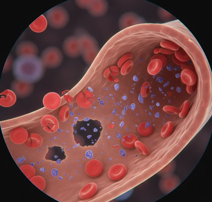현미경으로 본 듯한 혈액 속 빈 공간과 부서지는 혈소판 조각들