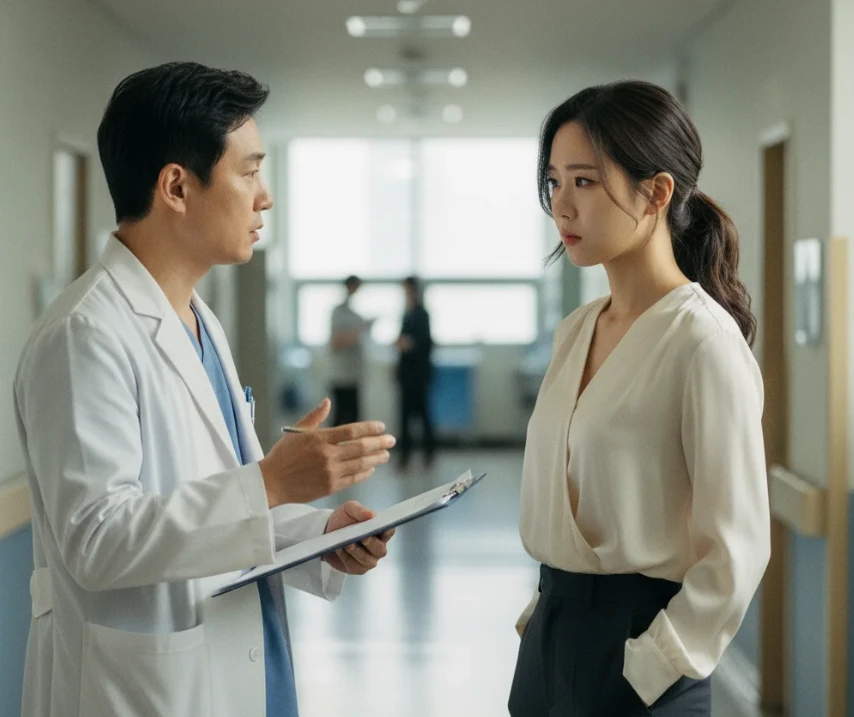 병원 복도에서 의사와 진지하게 상담하는 아름다운 한국 여성